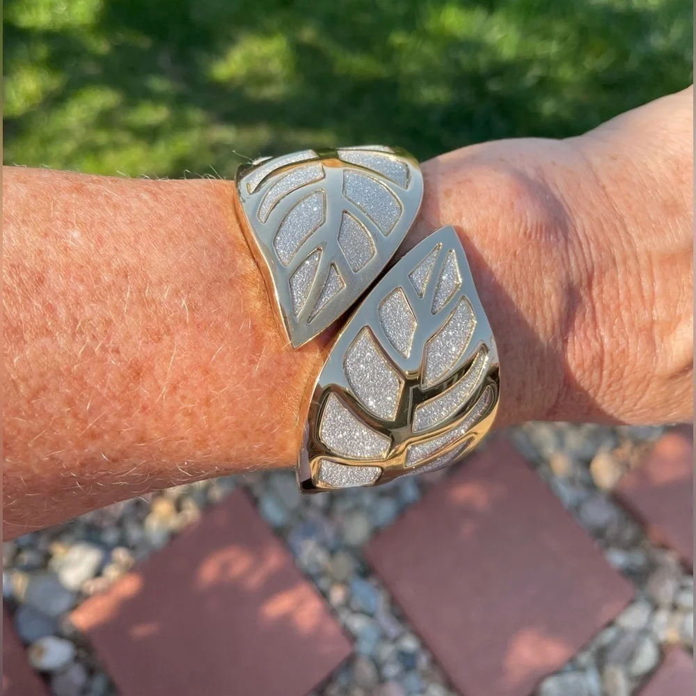 Silver Shimmer Gold Tone Leaf Cuff Bracelet